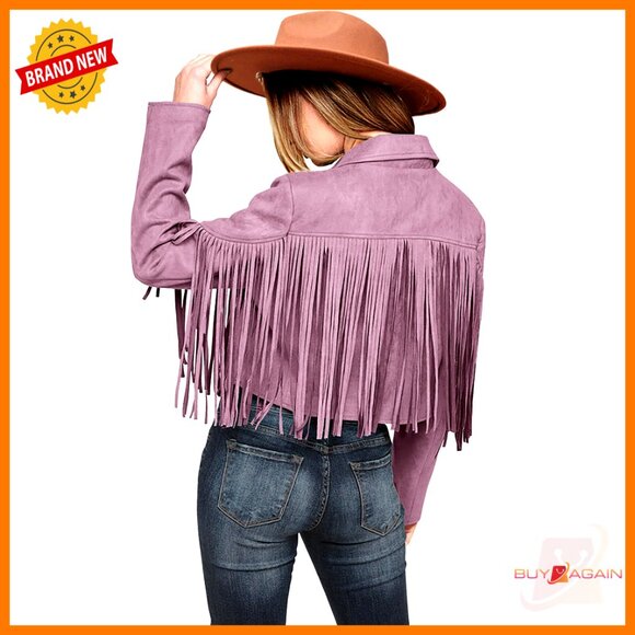Jackets & Blazers - Faux Suede Cropped Motorcycle Jacket with Fringe Tassel Design